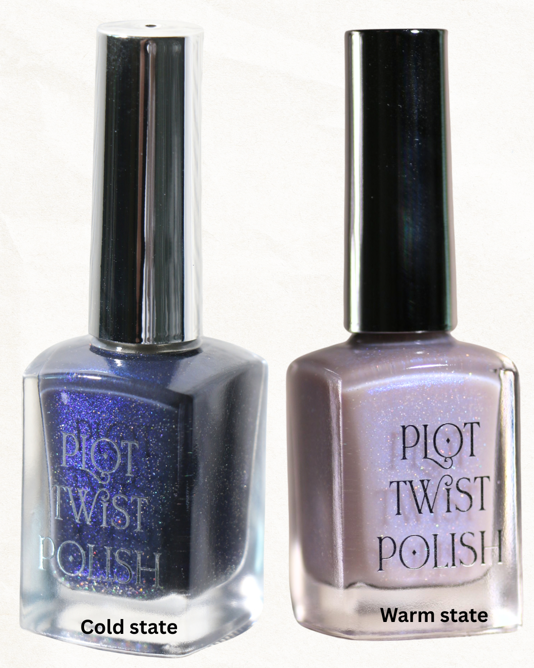 Two bottles of Plot Twist nail polish shown side by side on a white background, labeled 'Cold state' and 'Warm state.' The left bottle contains a sparkly deep blue polish, and the right bottle contains a shimmery pale lavender translucent polish.