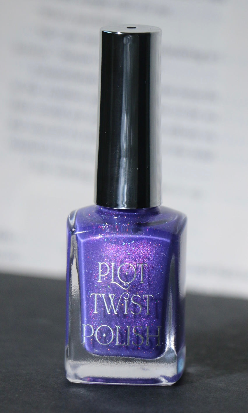 A bottle of Plot Twist Polish nail lacquer in a shimmering purple shade, featuring a silver cap and silver lettering on the clear glass bottle.